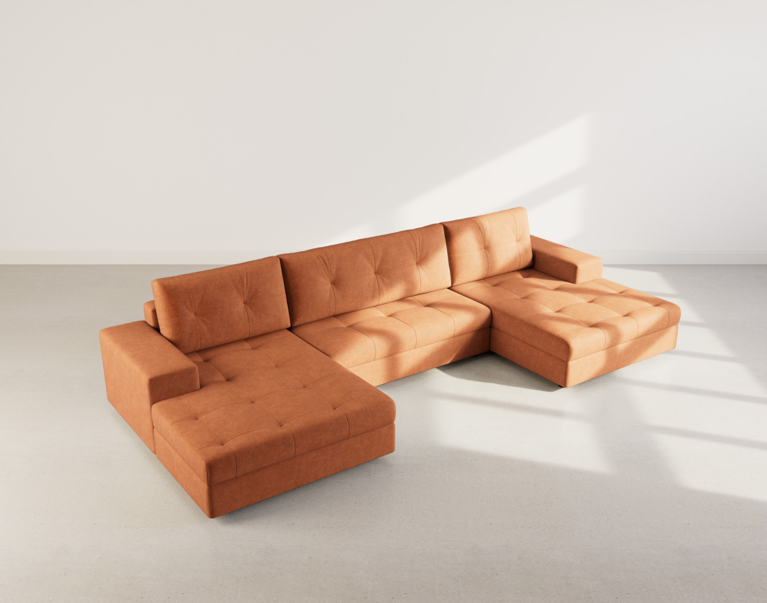 Canapé panoramique en U 7 places convertible avec coffre en velours texturé Bastian