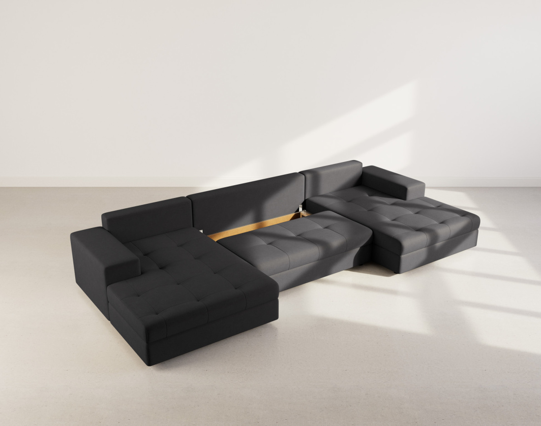 Canapé panoramique en U 7 places convertible avec coffre en velours texturé Bastian
