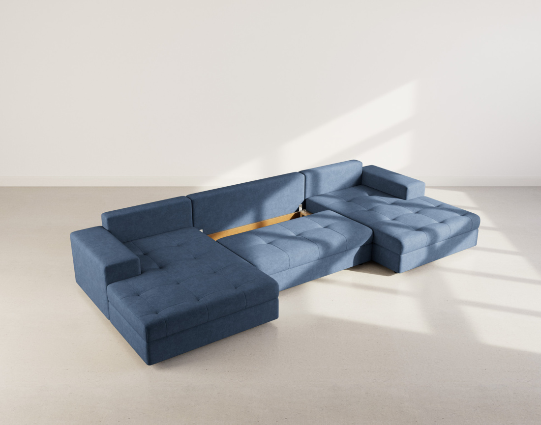 Canapé panoramique en U 7 places convertible avec coffre en velours texturé Bastian