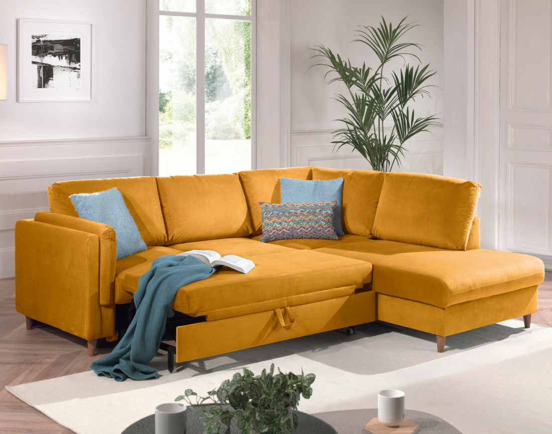 Canapé d'angle droit convertible 5 places en velours Brooke