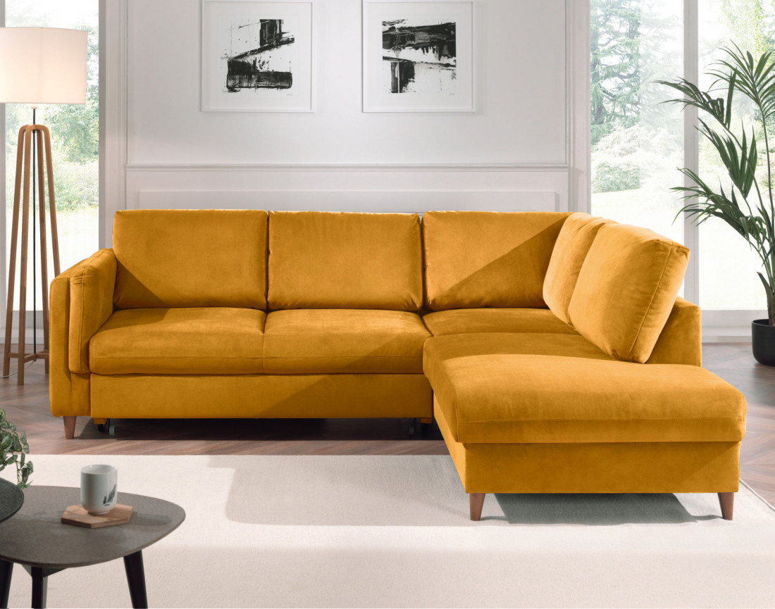 Canapé d'angle droit convertible 5 places en velours Brooke