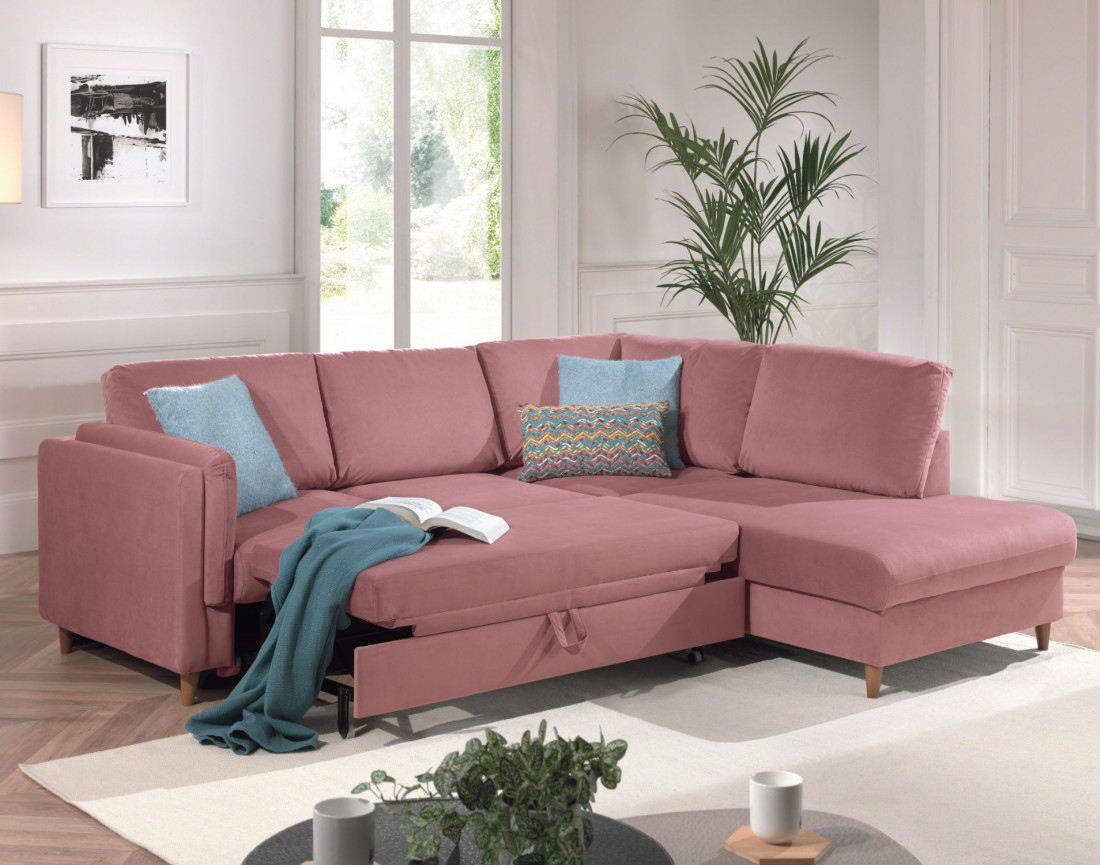 Canapé d'angle droit convertible 5 places en velours Brooke