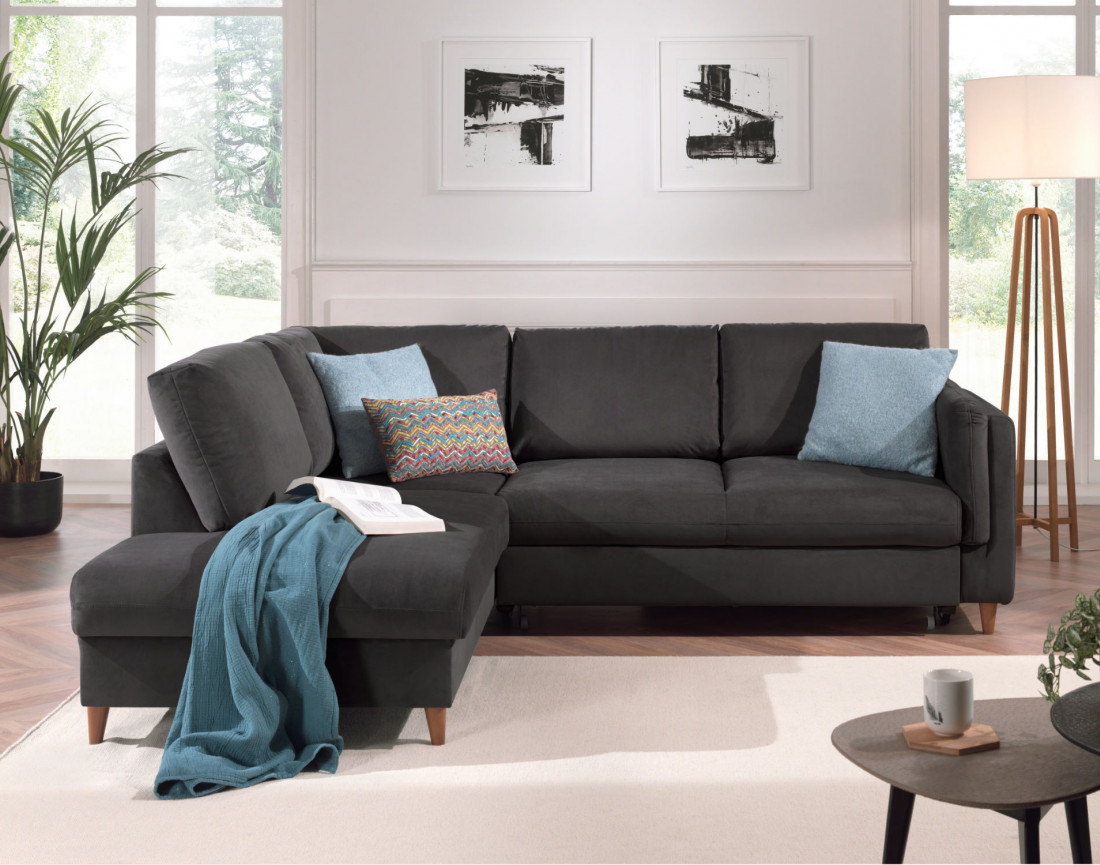 Canapé d'angle gauche convertible 5 places en velours Brooke