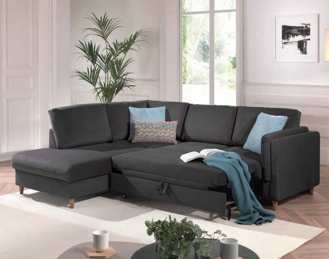 Canapé d'angle gauche convertible 5 places en velours Brooke