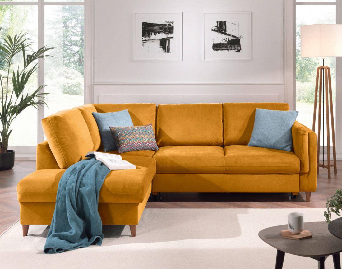 Canapé d'angle gauche convertible 5 places en velours Brooke