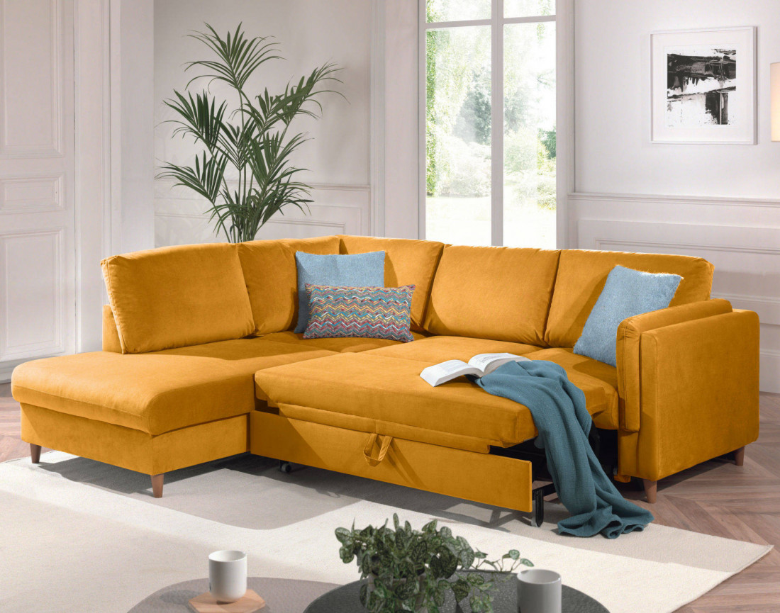 Canapé d'angle gauche convertible 5 places en velours Brooke