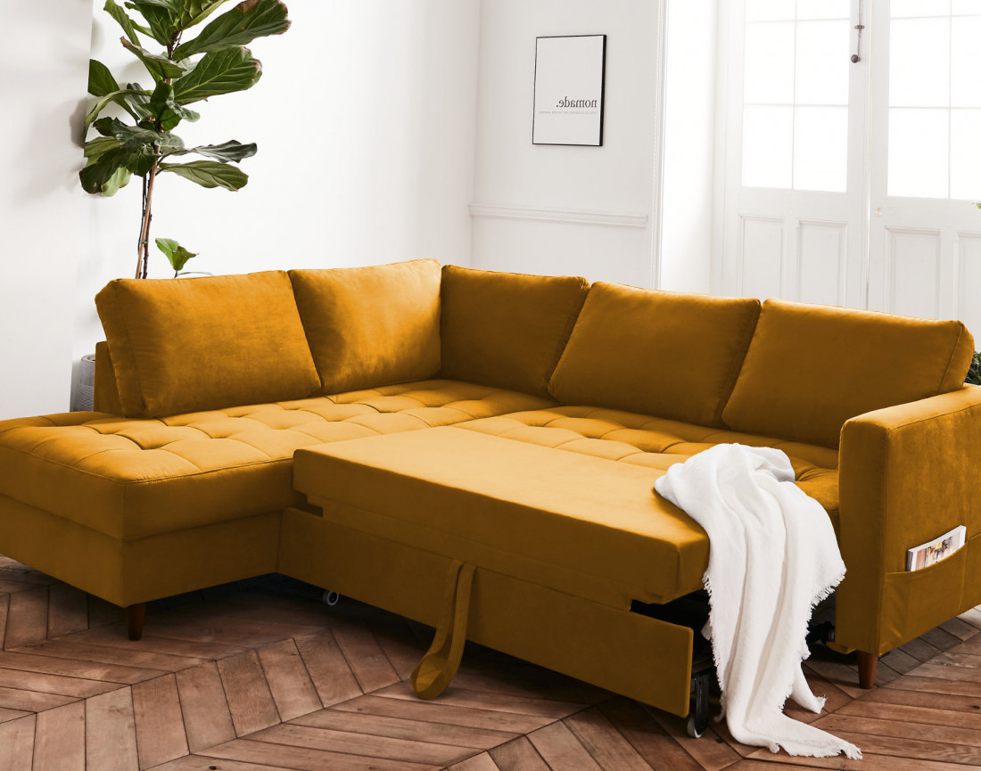 Canapé d'angle gauche 5 places convertible en velours Anna