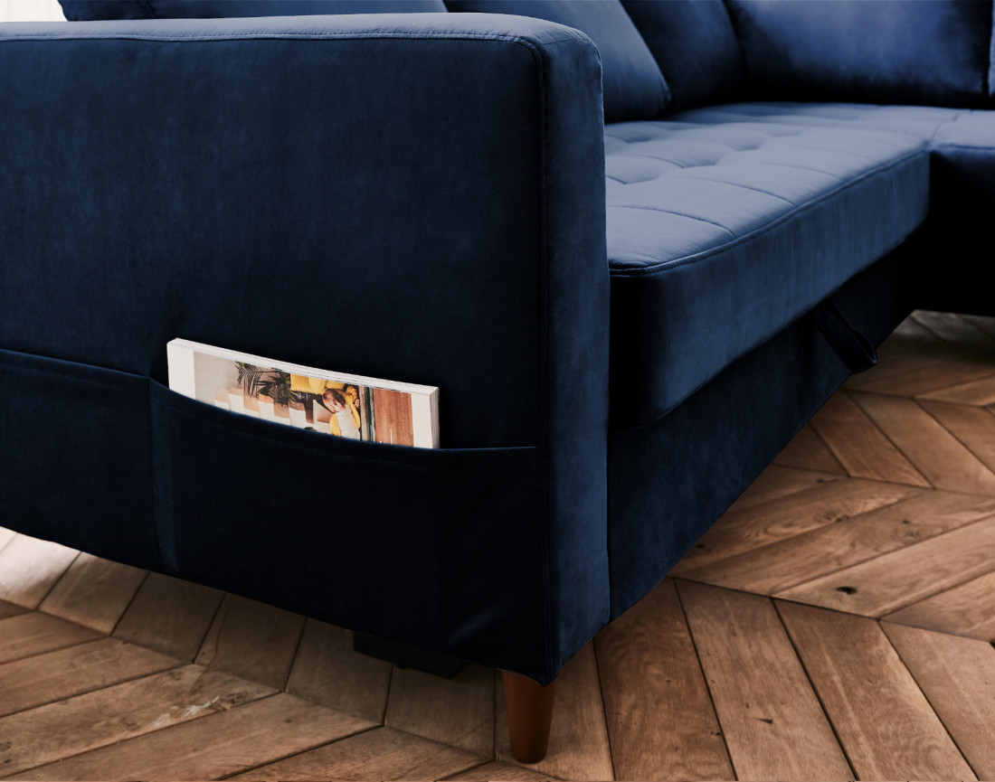 Canapé d'angle droit 5 places convertible en velours Anna