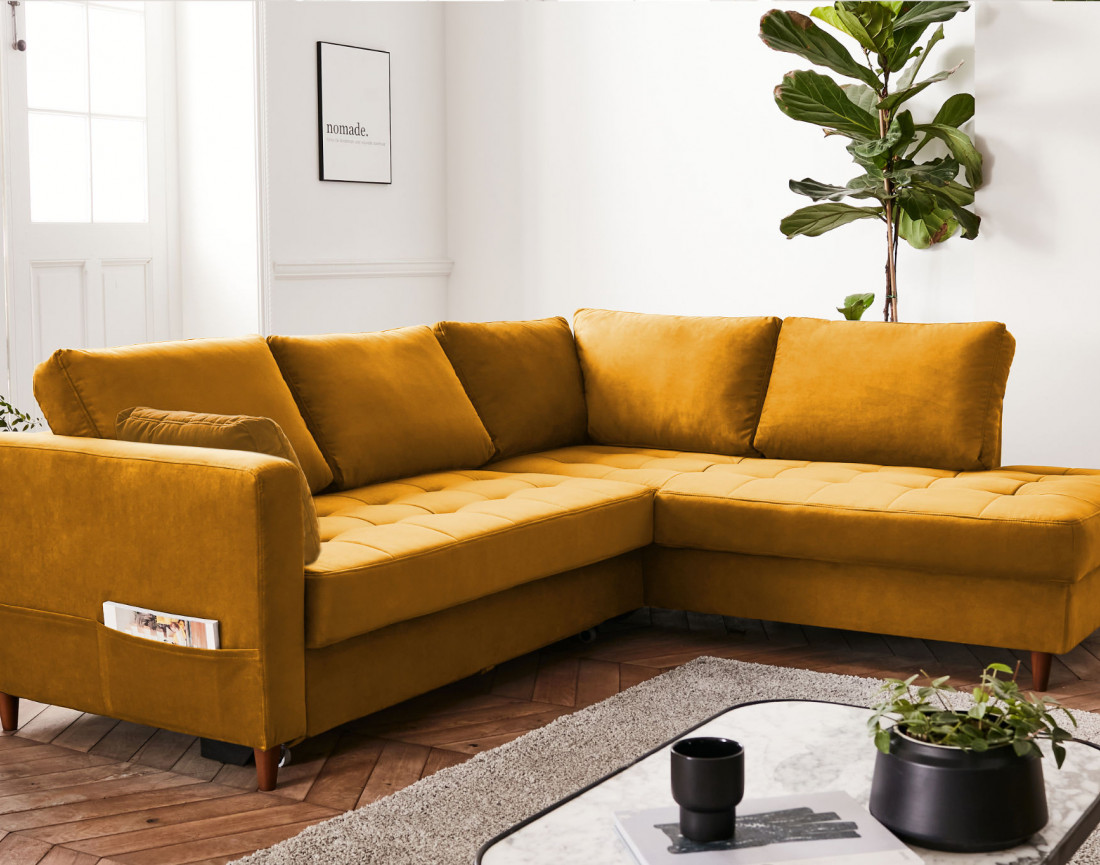 Canapé d'angle droit 5 places convertible en velours Anna