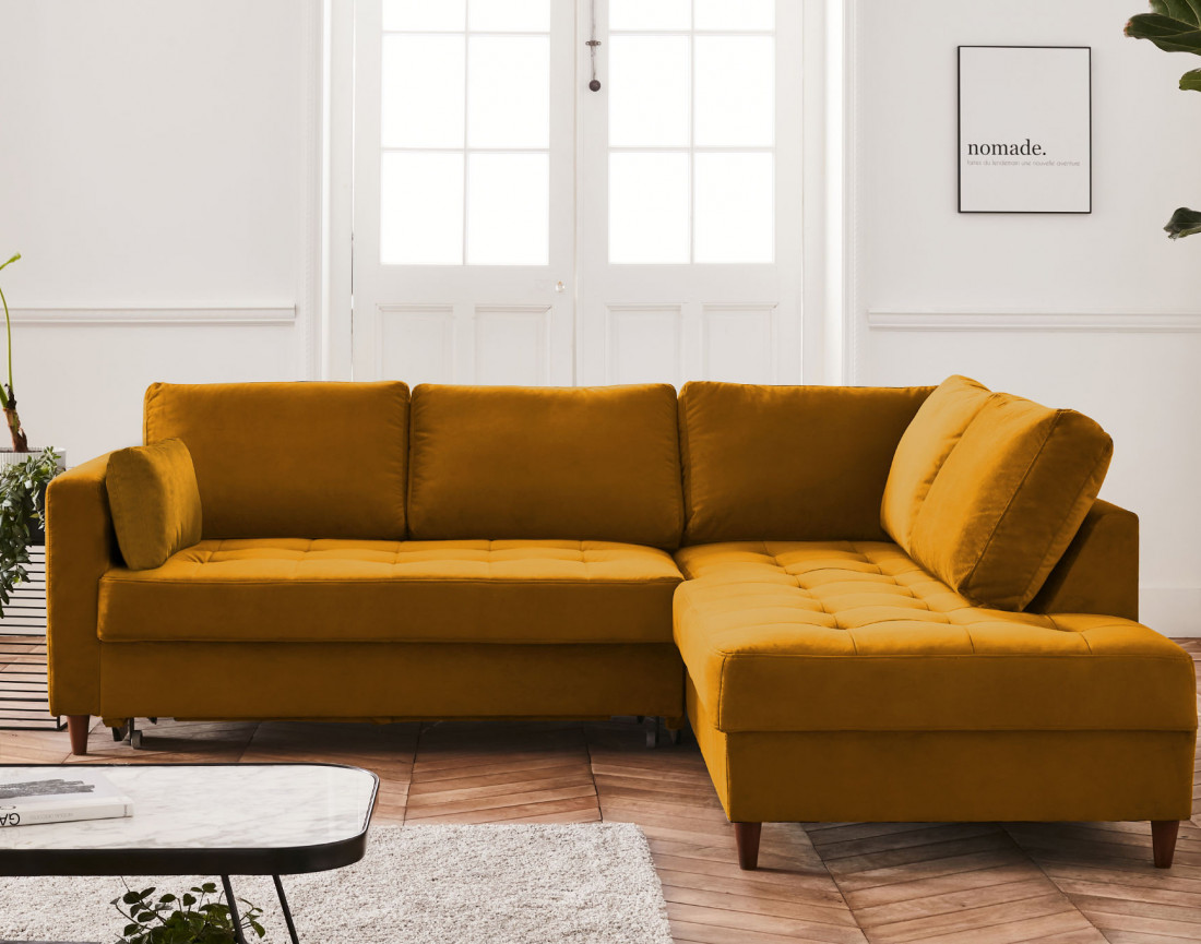 Canapé d'angle droit 5 places convertible en velours Anna