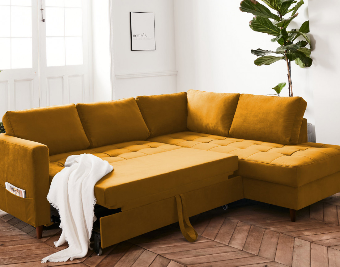 Canapé d'angle droit 5 places convertible en velours Anna