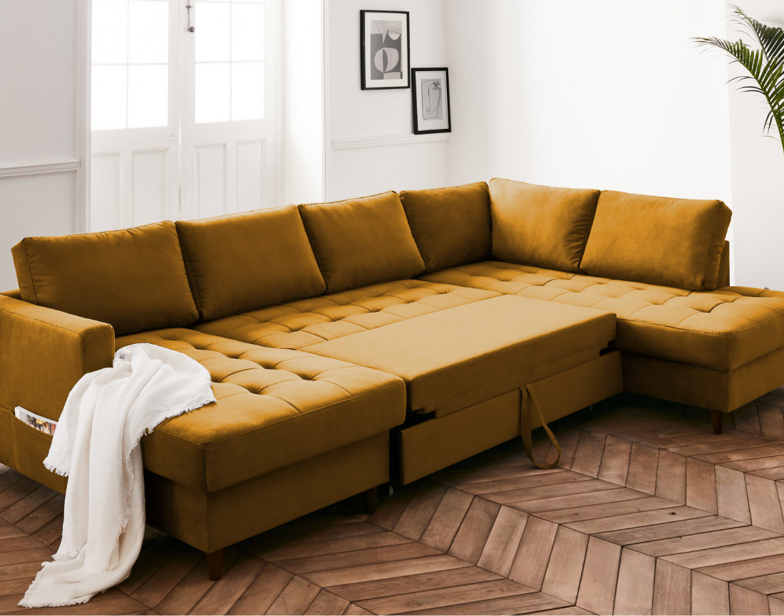 Canapé panoramique d'angle droit 7 places convertible avec coffre en velours Anna