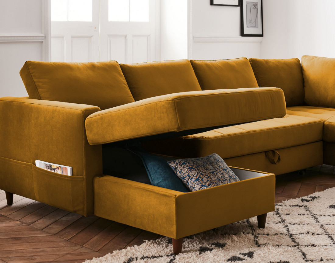 Canapé panoramique d'angle droit 7 places convertible avec coffre en velours Anna