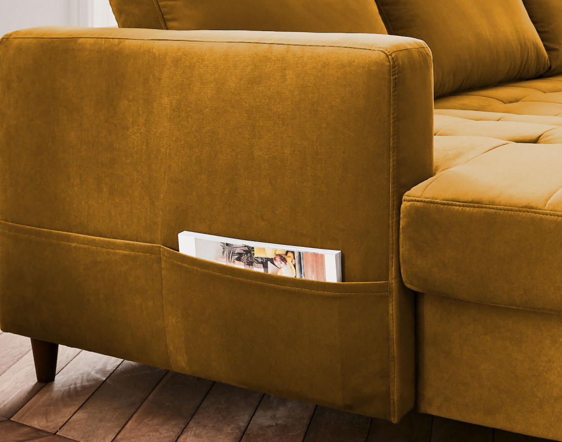 Canapé panoramique d'angle droit 7 places convertible avec coffre en velours Anna