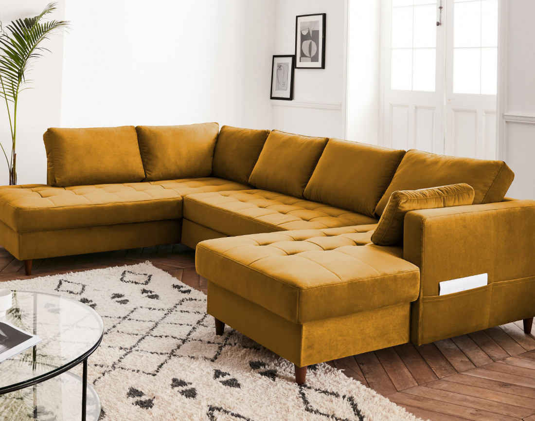 Canapé panoramique d'angle gauche 7 places convertible avec coffre en velours Anna