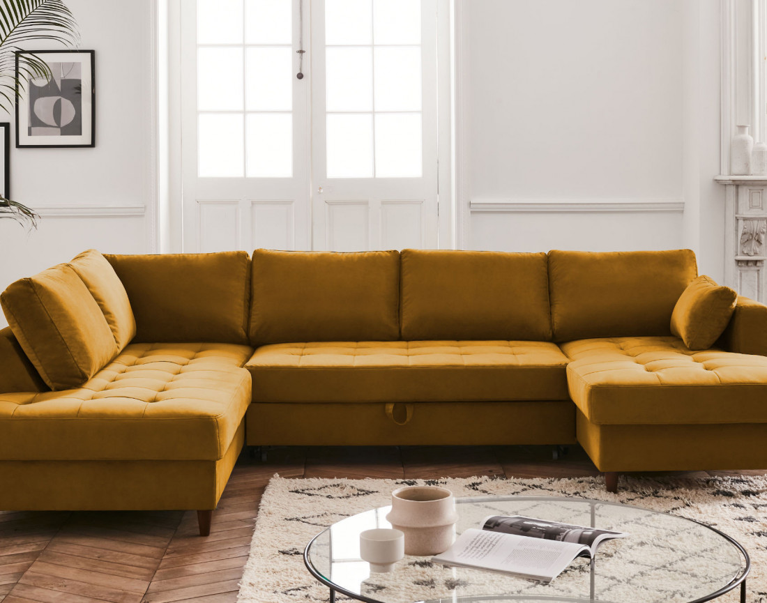 Canapé panoramique d'angle gauche 7 places convertible avec coffre en velours Anna