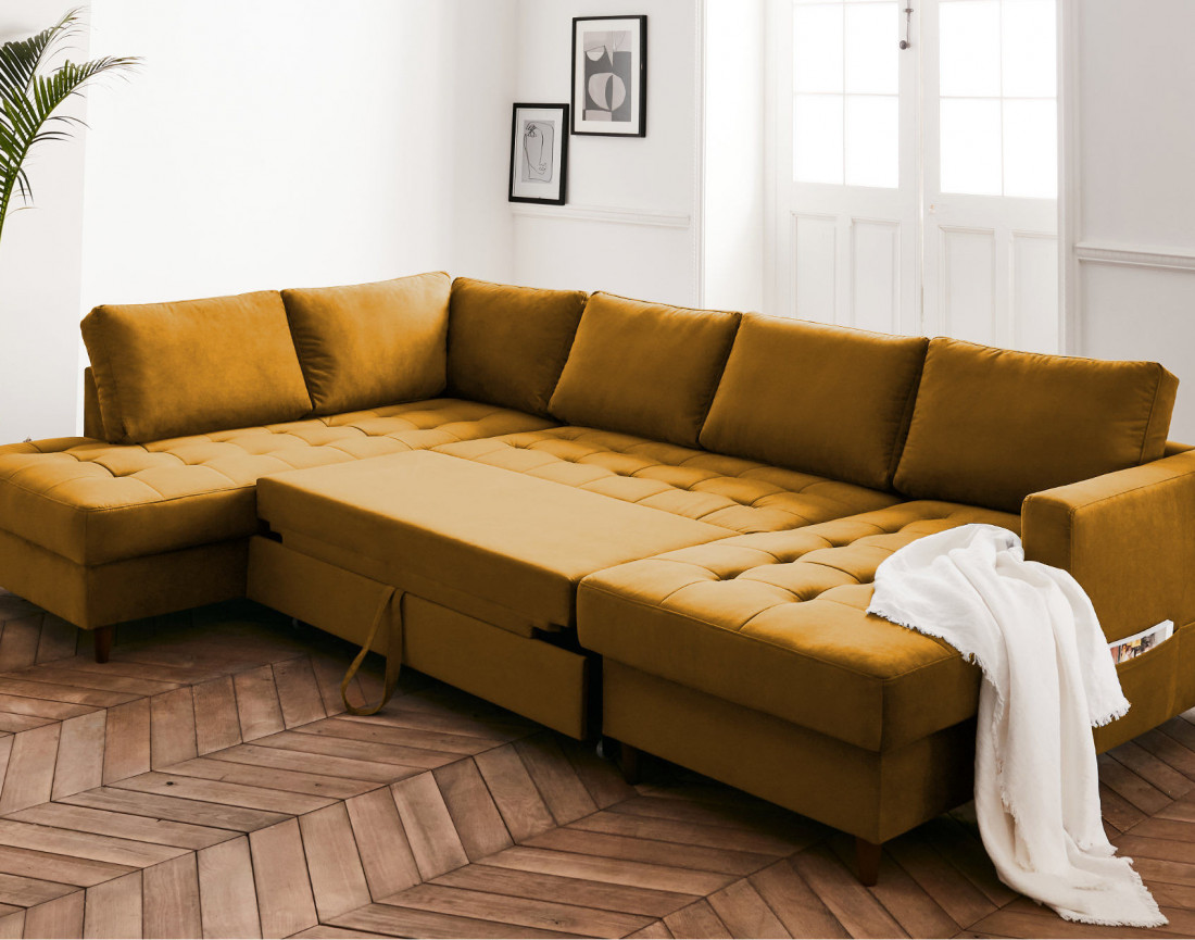 Canapé panoramique d'angle gauche 7 places convertible avec coffre en velours Anna