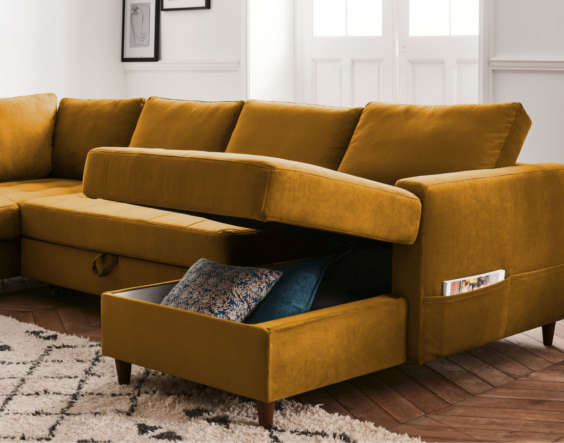 Canapé panoramique d'angle gauche 7 places convertible avec coffre en velours Anna