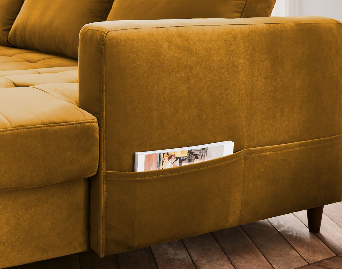 Canapé panoramique d'angle gauche 7 places convertible avec coffre en velours Anna
