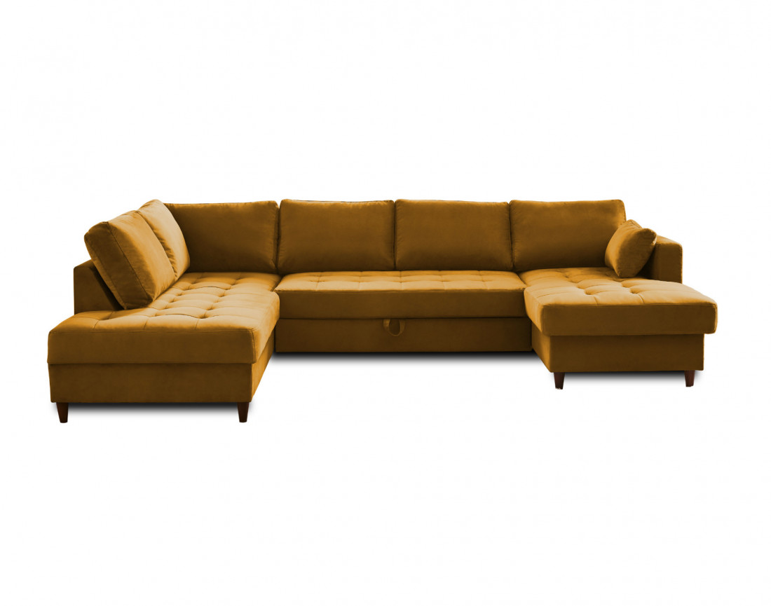 Canapé panoramique d'angle gauche 7 places convertible avec coffre en velours Anna