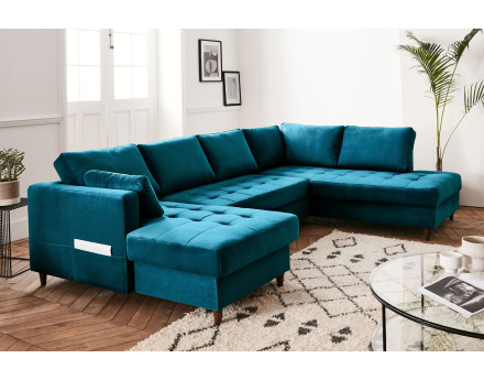 Canapé panoramique d'angle droit 7 places convertible avec coffre en velours Anna