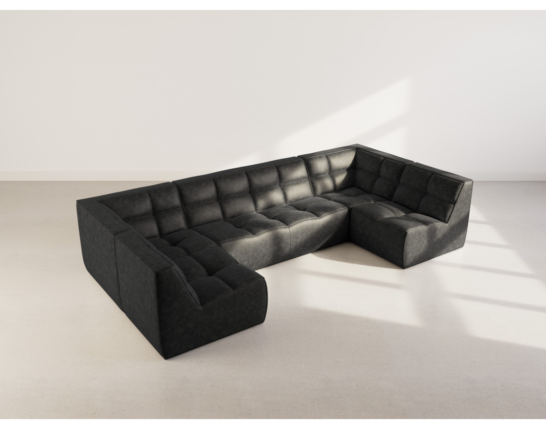 Canapé d'angle gauche 5 places convertible avec têtières et coffre en tissu texturé Opaline