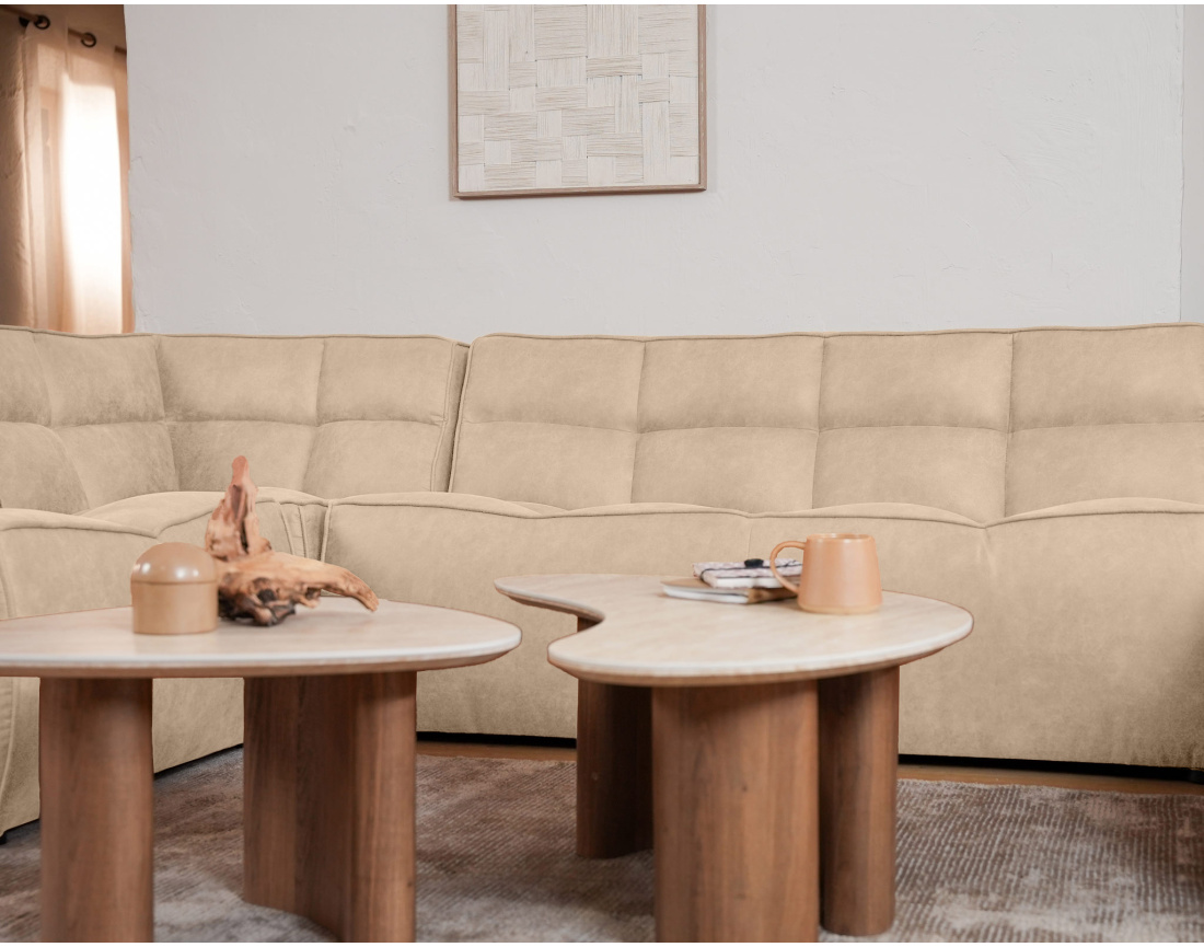 Canapé d'angle droit 5 places convertible avec têtières et coffre en tissu texturé Opaline