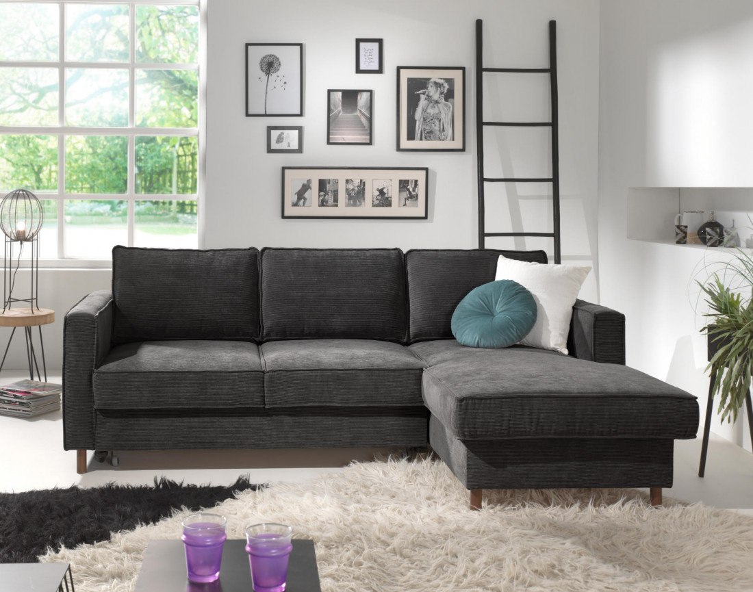 Canapé d'angle droit convertible avec coffre 4 places en velours côtelé Jake