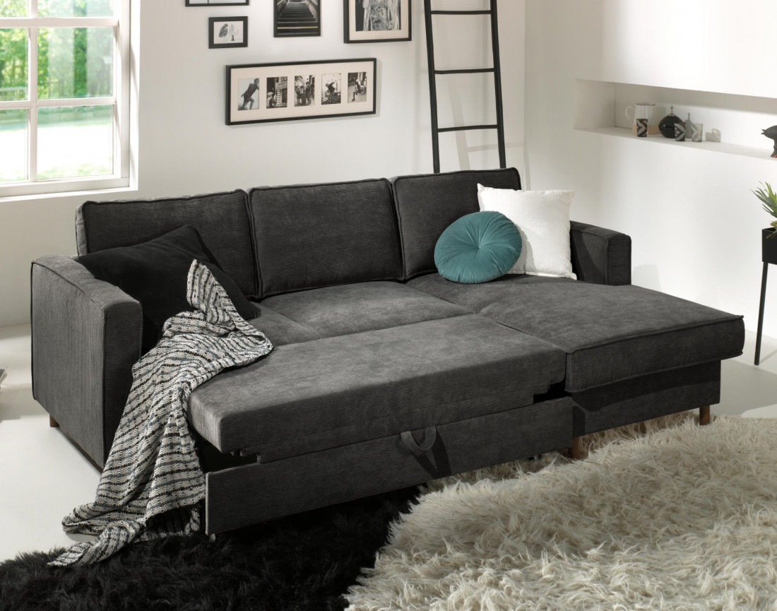 Canapé d'angle droit convertible avec coffre 4 places en velours côtelé Jake