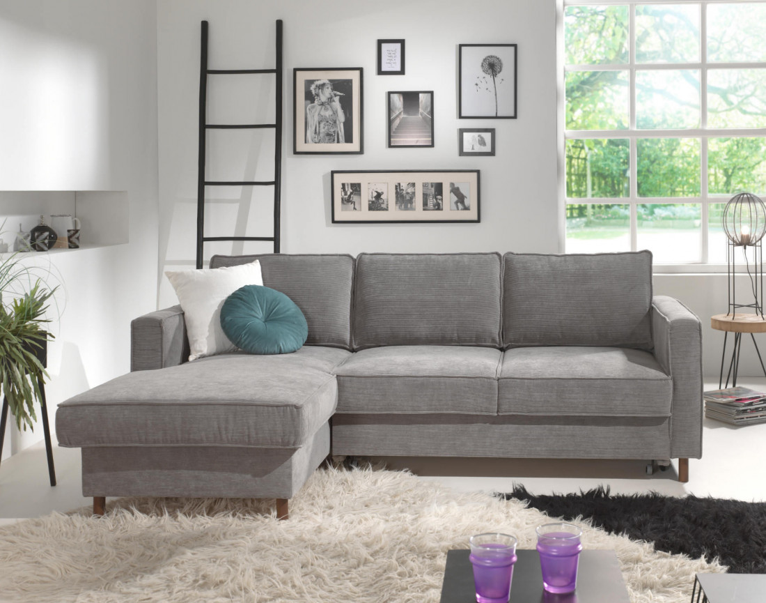 Canapé d'angle gauche convertible avec coffre 4 places en velours côtelé Jake