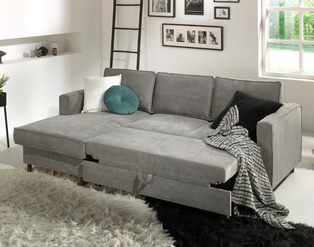 Canapé d'angle gauche convertible avec coffre 4 places en velours côtelé Jake