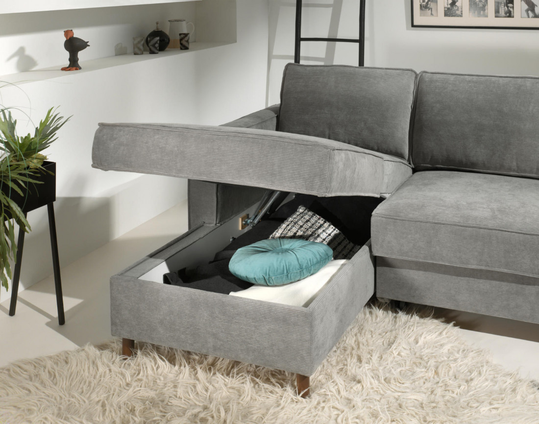 Canapé d'angle gauche convertible avec coffre 4 places en velours côtelé Jake