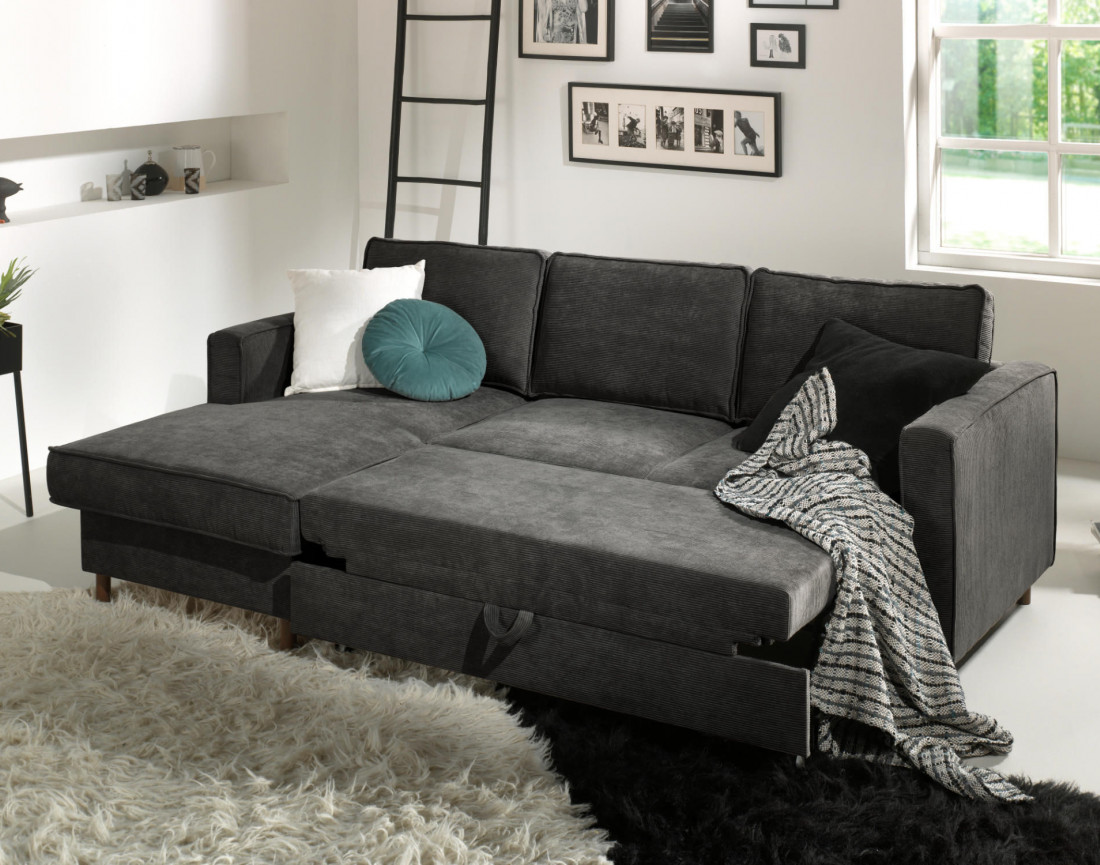 Canapé d'angle gauche convertible avec coffre 4 places en velours côtelé Jake