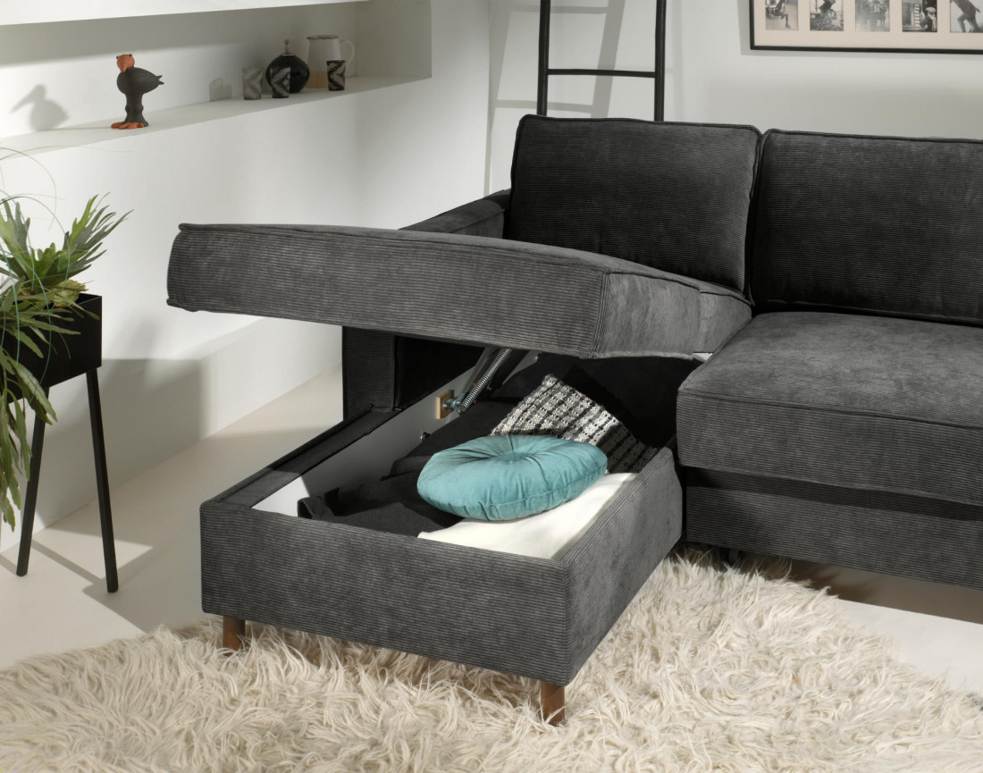 Canapé d'angle gauche convertible avec coffre 4 places en velours côtelé Jake
