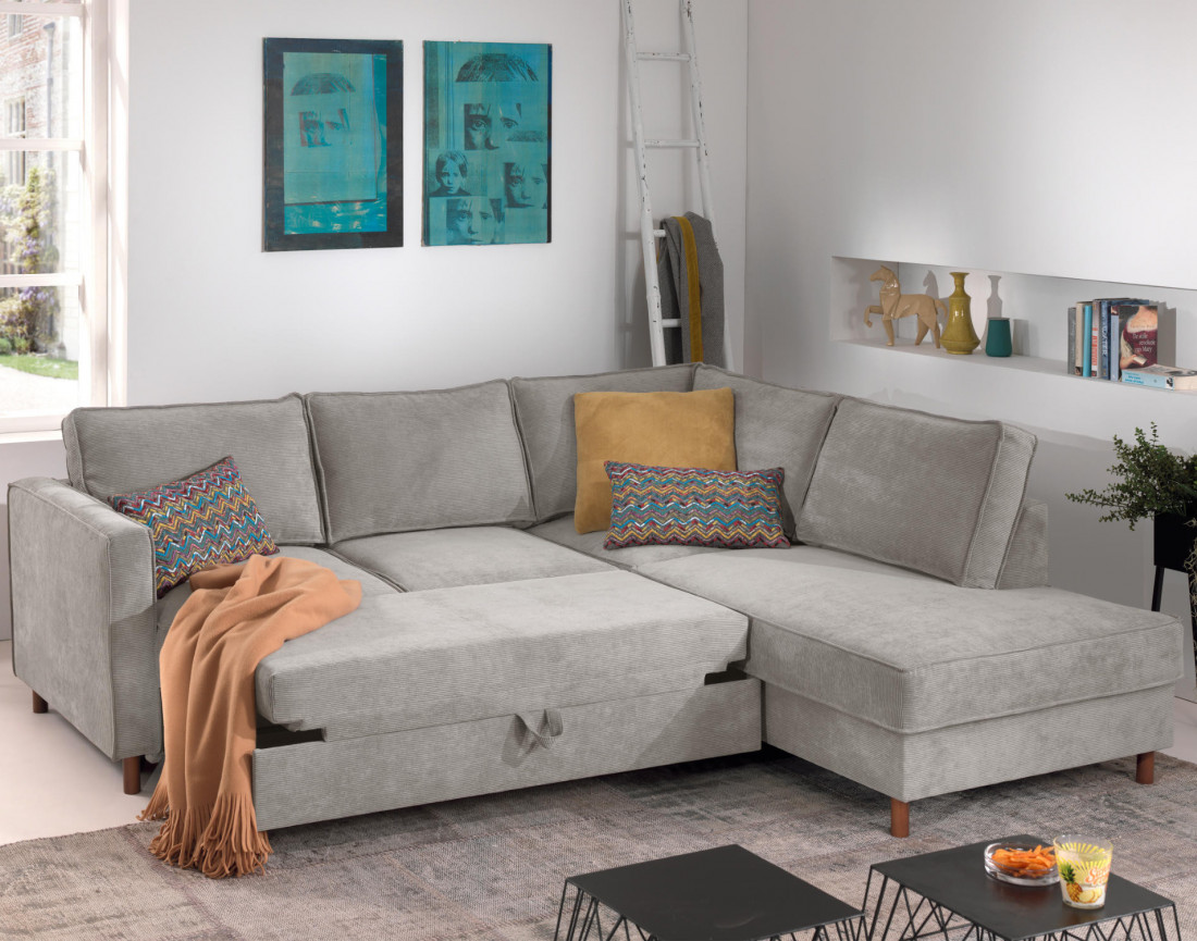 Canapé d'angle droit convertible 5 places en velours côtelé Jake