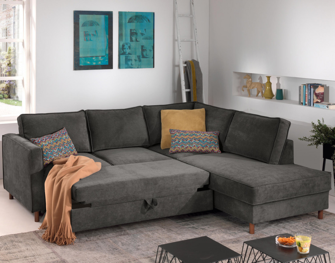 Canapé d'angle droit convertible 5 places en velours côtelé Jake