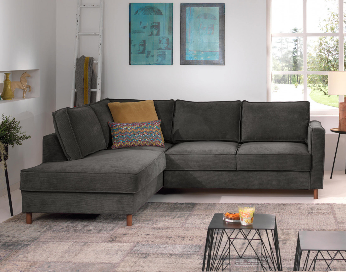 Canapé d'angle gauche convertible 5 places en velours côtelé Jake