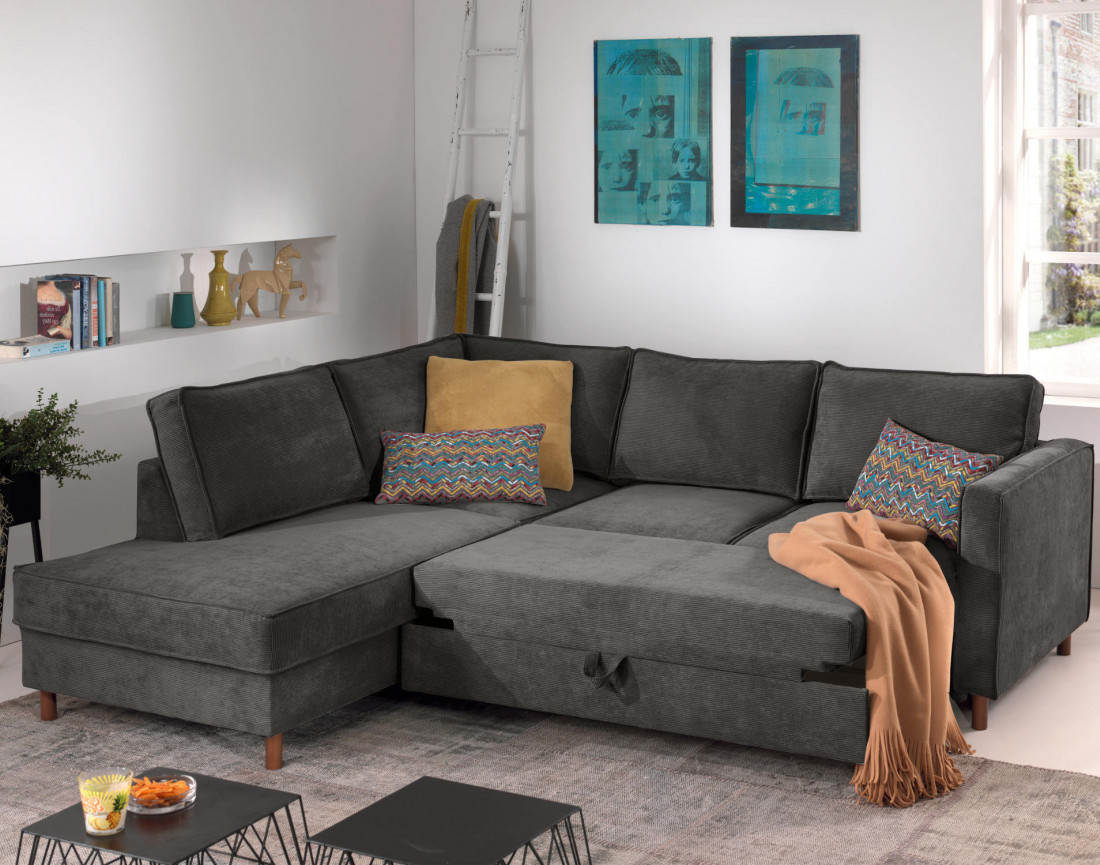 Canapé d'angle gauche convertible 5 places en velours côtelé Jake