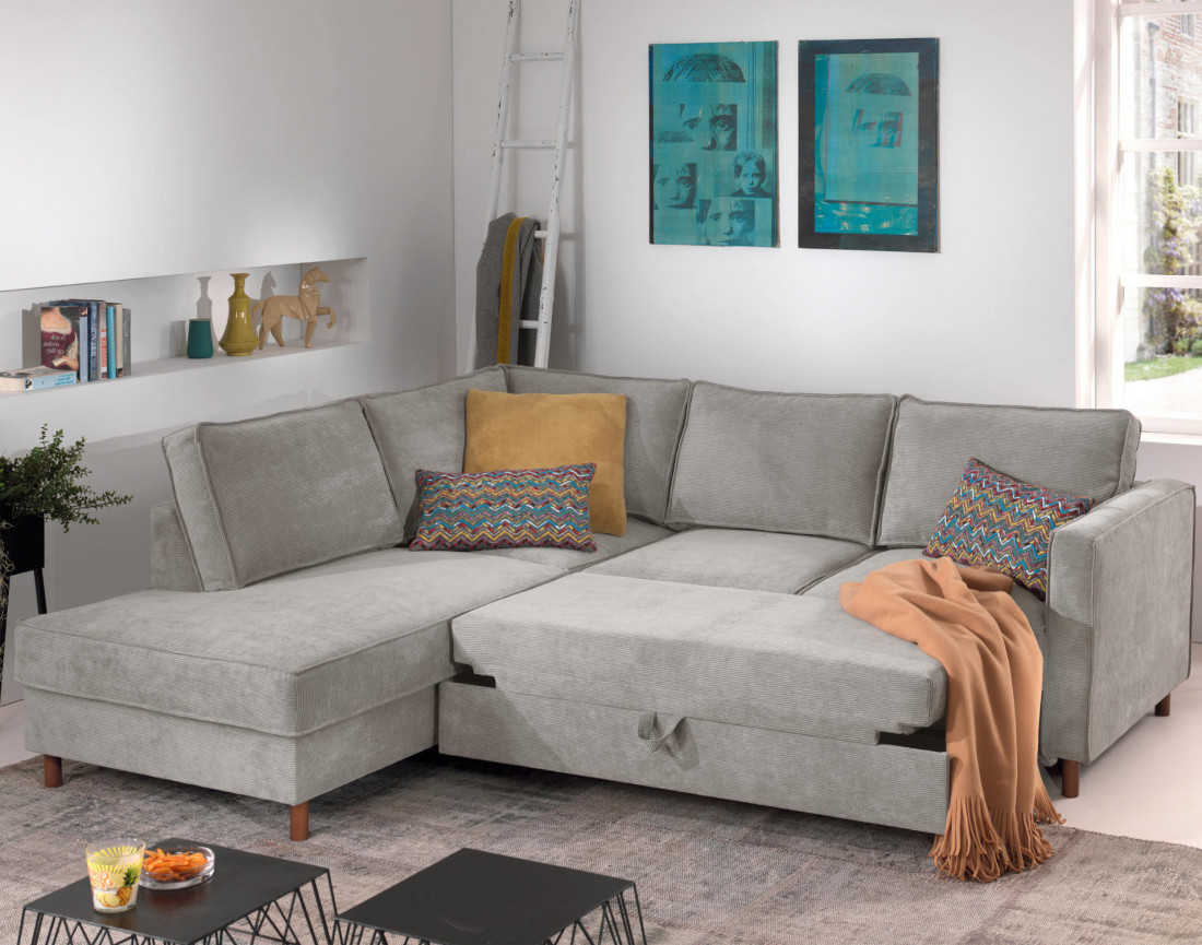 Canapé d'angle gauche convertible 5 places en velours côtelé Jake