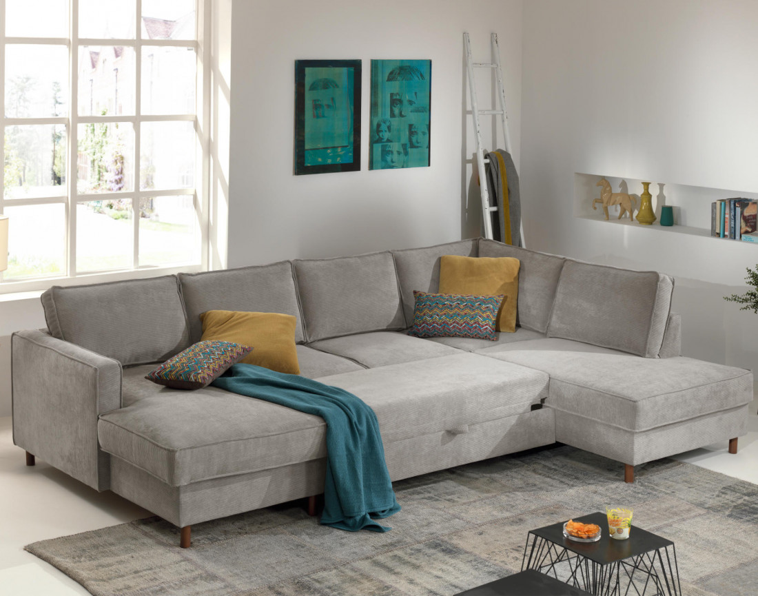 Canapé panoramique d'angle droit convertible avec coffre 7 places en velours côtelé Jake