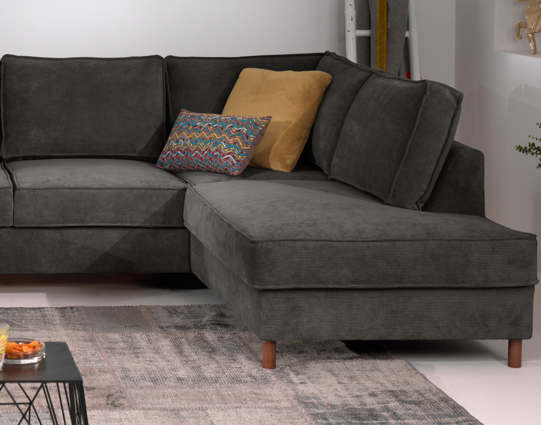 Canapé panoramique d'angle droit convertible avec coffre 7 places en velours côtelé Jake