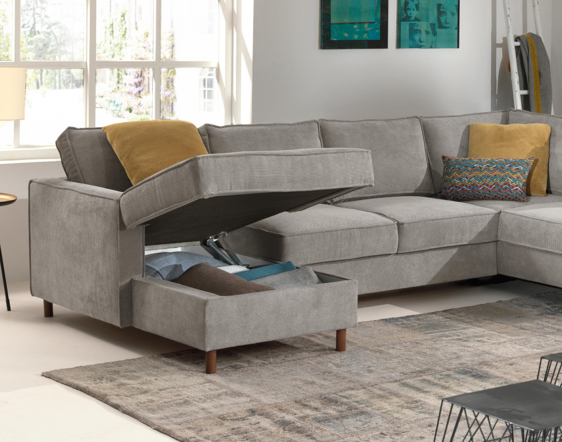 Canapé panoramique d'angle droit convertible avec coffre 7 places en velours côtelé Jake