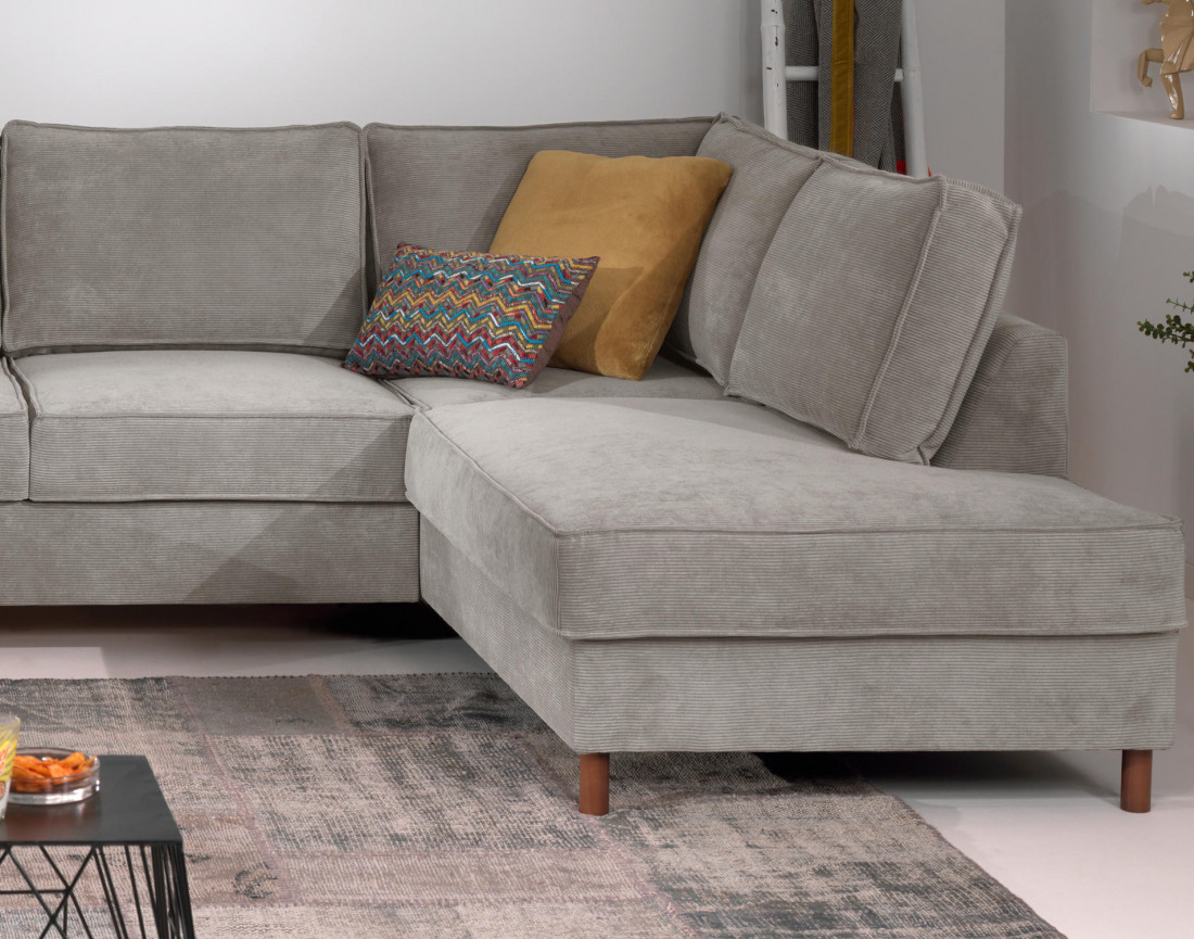 Canapé panoramique d'angle droit convertible avec coffre 7 places en velours côtelé Jake