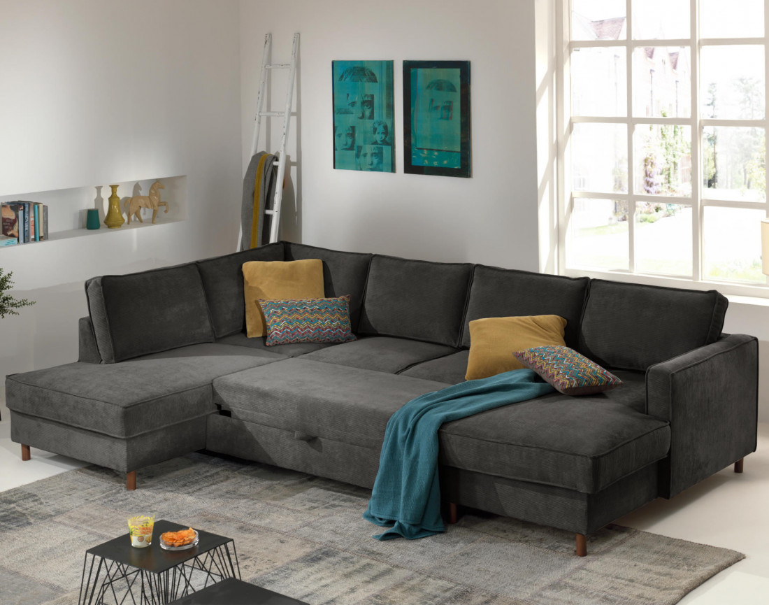 Canapé panoramique d'angle gauche convertible avec coffre 7 places en velours côtelé Jake