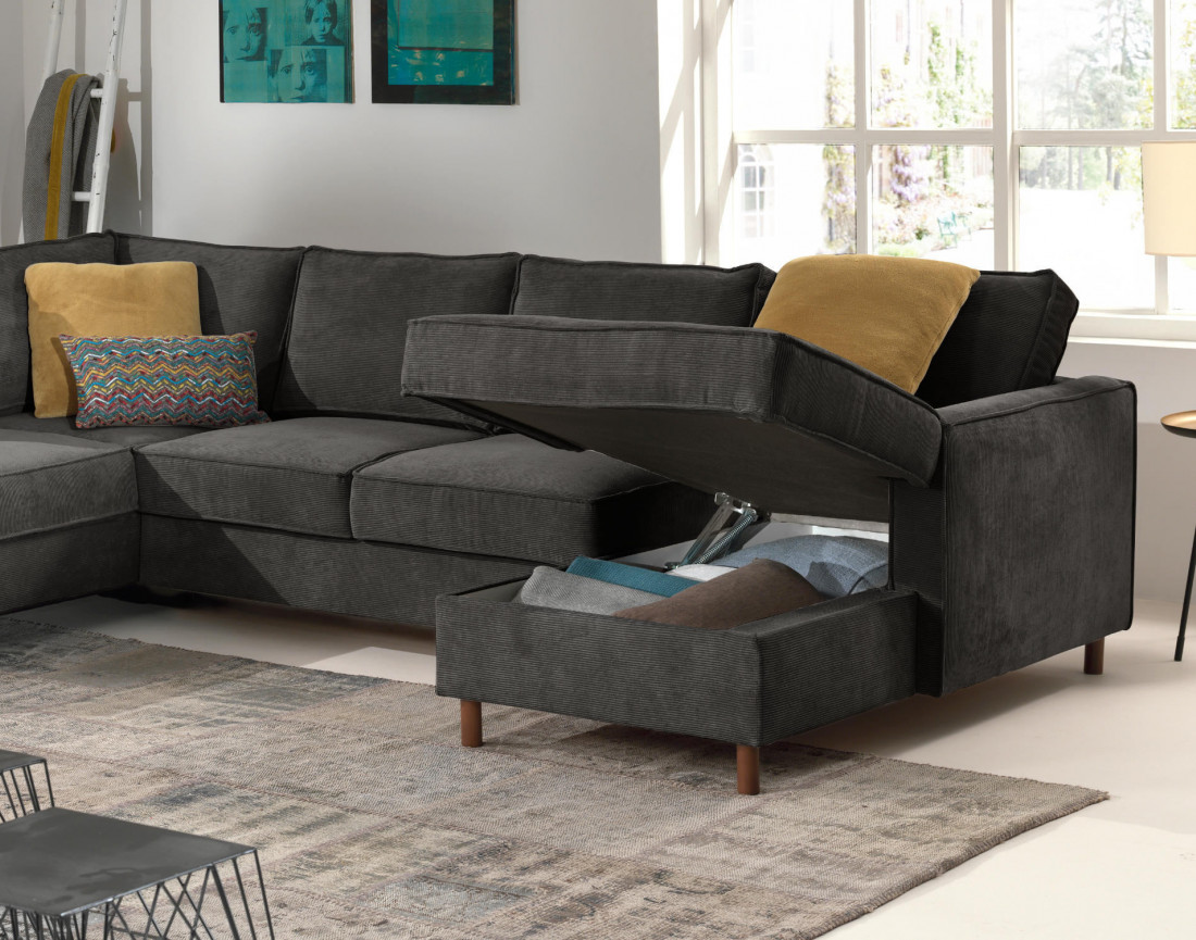Canapé panoramique d'angle gauche convertible avec coffre 7 places en velours côtelé Jake