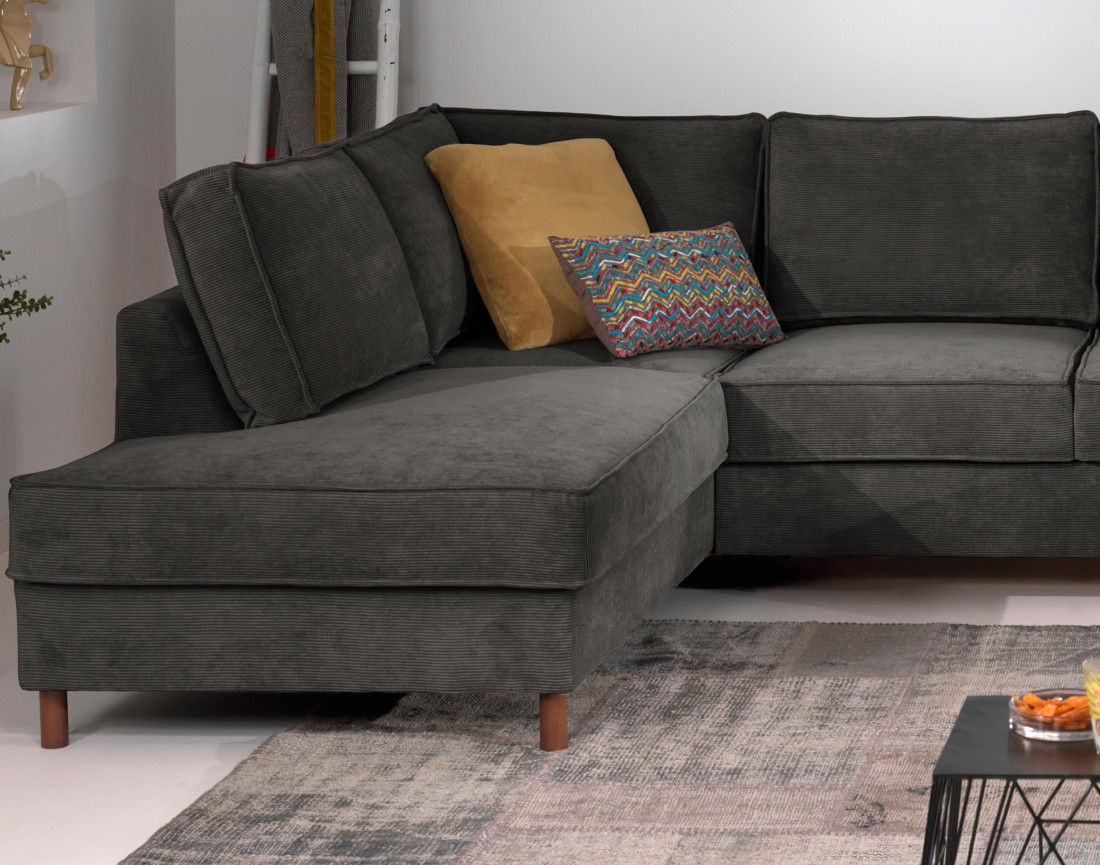 Canapé panoramique d'angle gauche convertible avec coffre 7 places en velours côtelé Jake