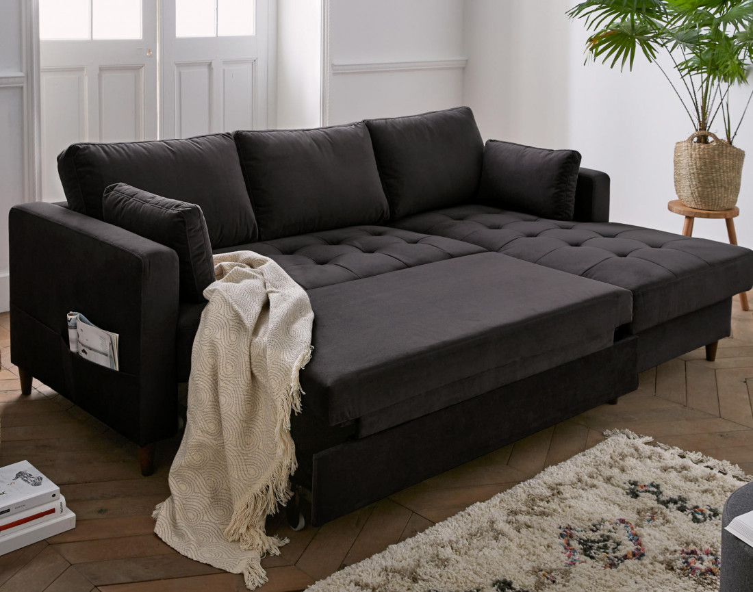 Canapé d'angle droit 4 places convertible avec coffre en velours Anna