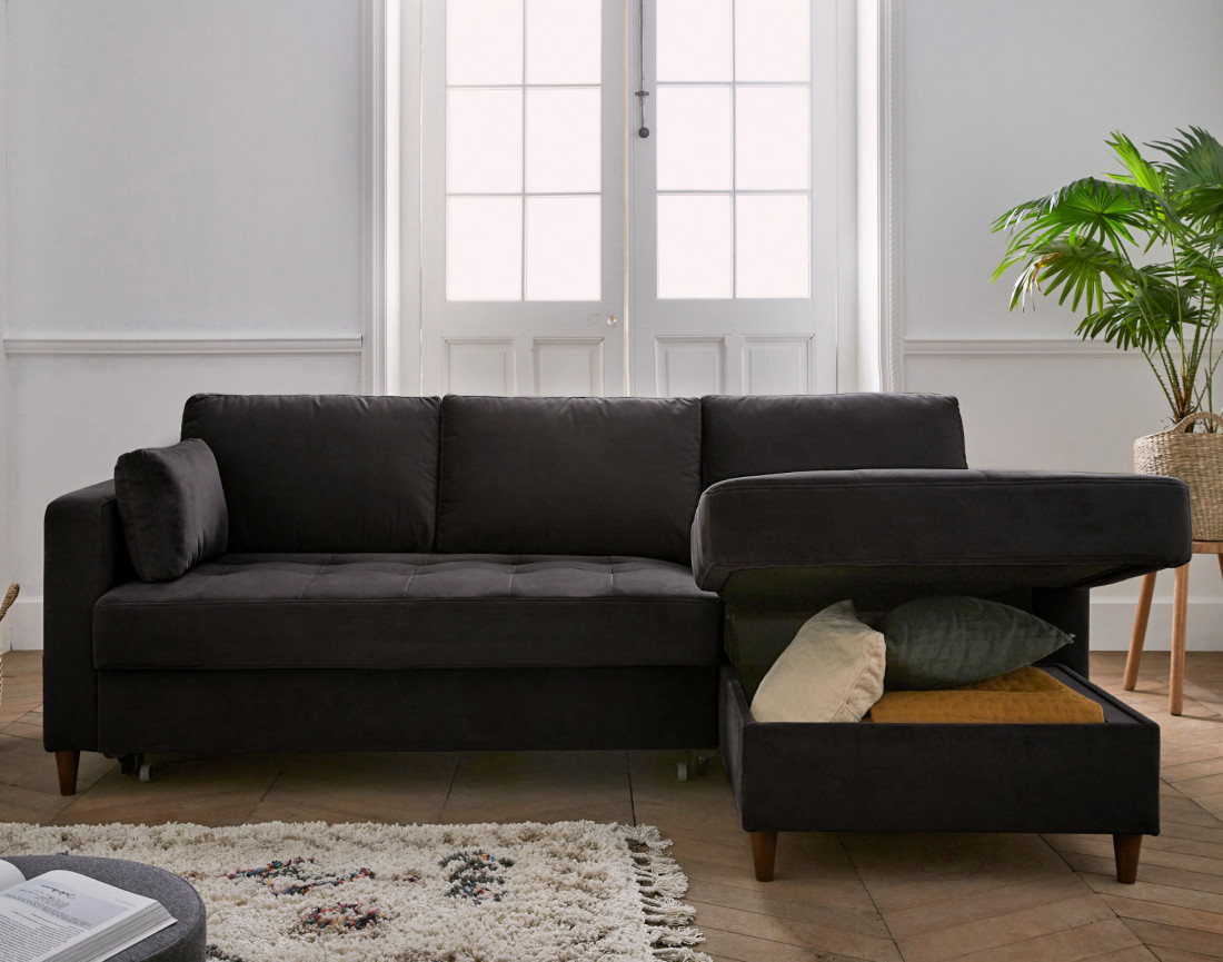 Canapé d'angle droit 4 places convertible avec coffre en velours Anna