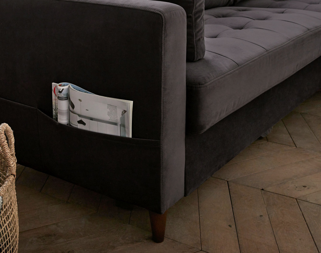 Canapé d'angle droit 4 places convertible avec coffre en velours Anna