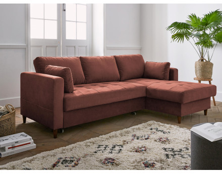 Canapé d'angle droit 4 places convertible avec coffre en velours Anna